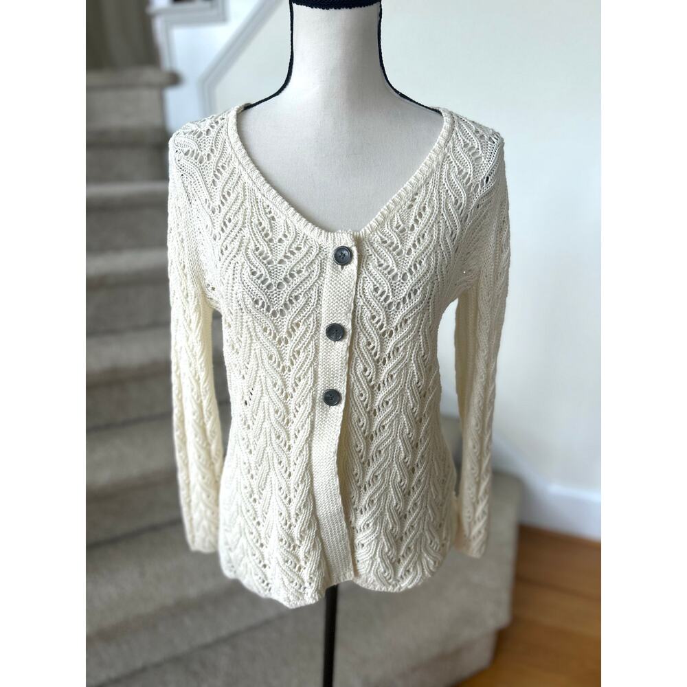 Vintage Talbots Cream White Crochet Babydoll Button Knit Sweater Y2K Cottagecore